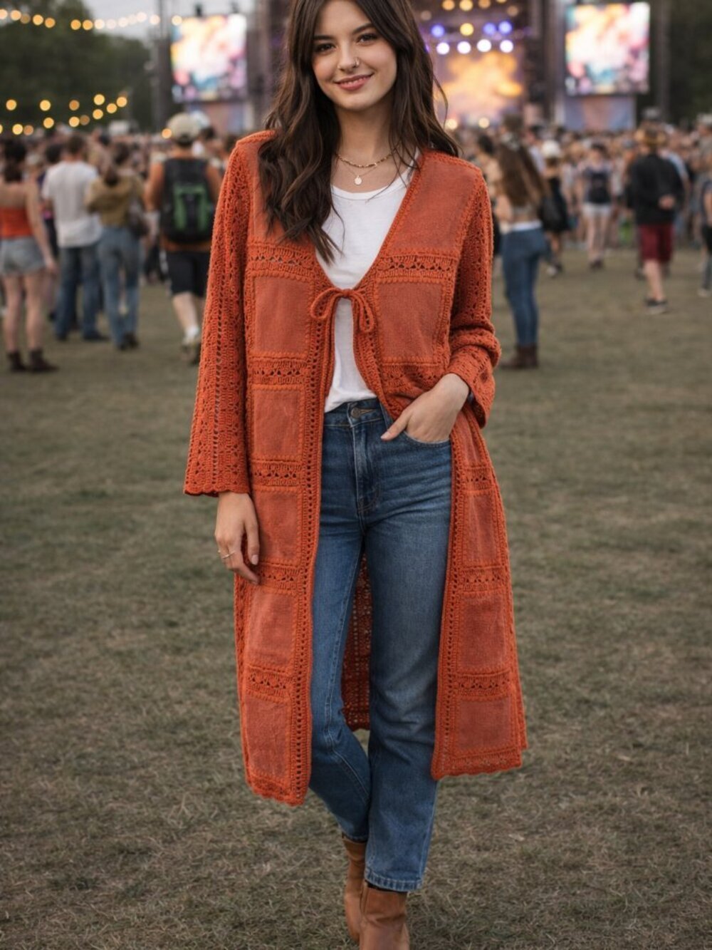 Vintage 90s Robert Louis Boho Suede Crochet Granny Square Patchwork Duster M